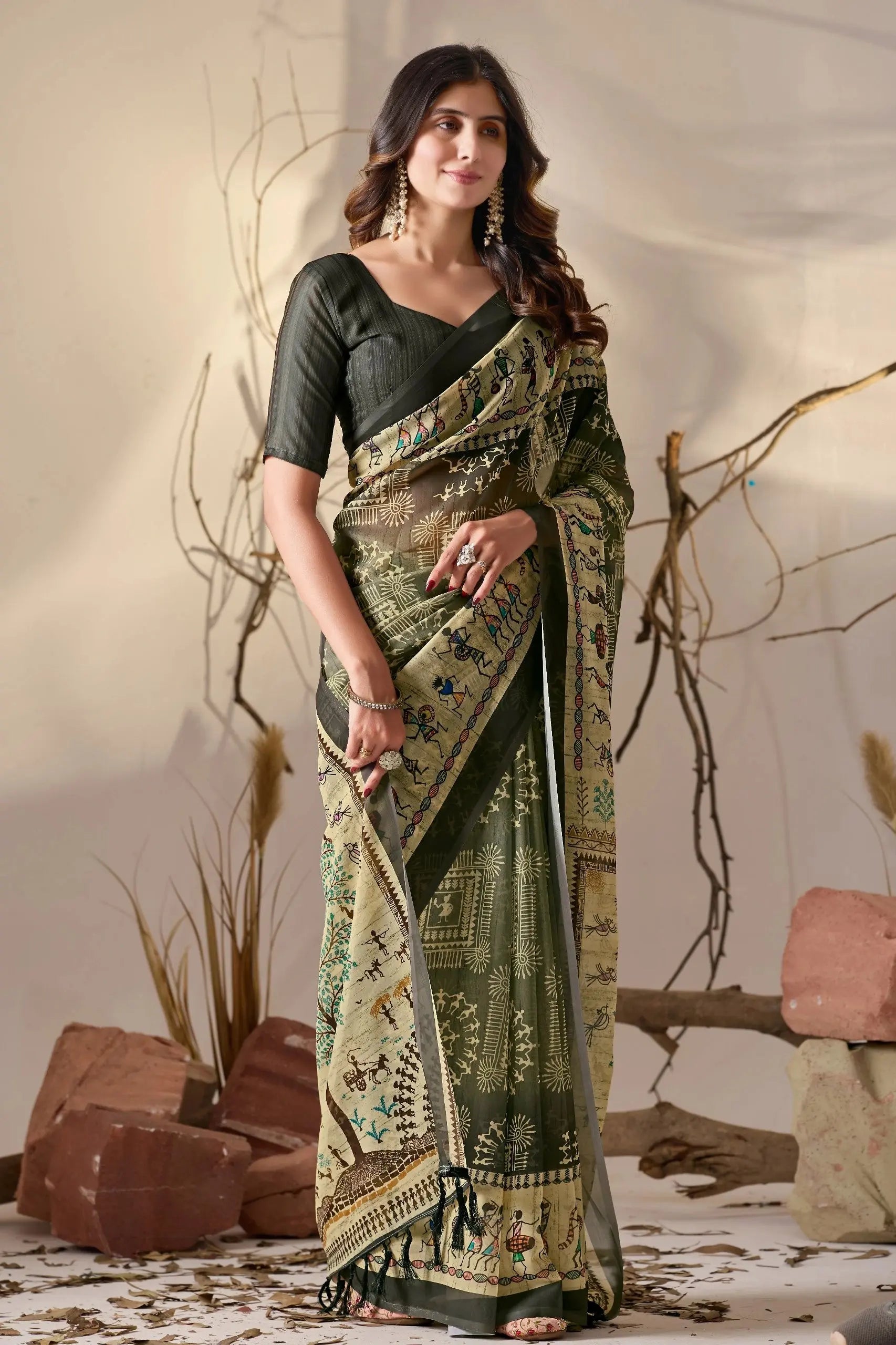Shop Black Warli Print Georgette Saree | Kalyanja